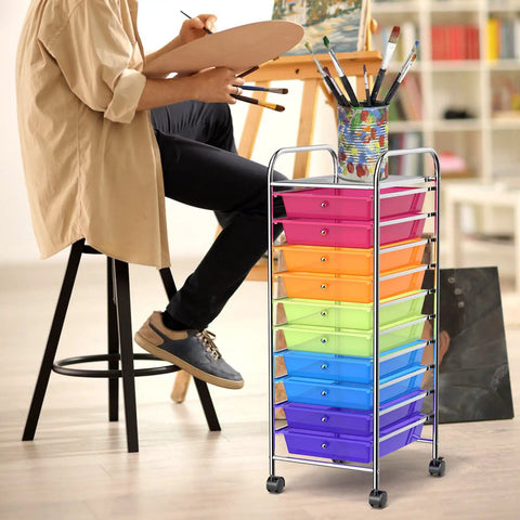 10 Drawer Rolling Storage Cart With Removable Drawers, Universal Casters And Two Brakes, Flexible Organizer For Home And Office, Rainbow Finish