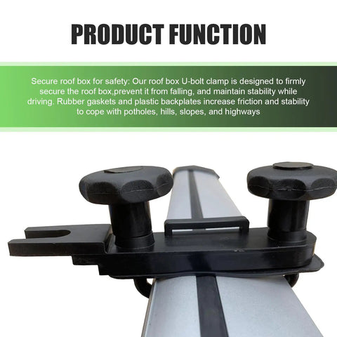 Rooftop Cargo Carrier Mounting Clip Kit With U Bolt Clamp Back Plate Quick Release Strap Protective Pad And Lock Nut For Cars And Vans Outdoor Roof Rack Accessory Black, showing U-bolt clamp with knobs and back plate on roof rack.