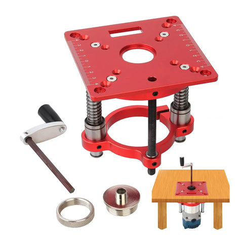 Pro Grade Aluminum Router Table Lifting System With Circle Clamping For 63.5 And 65mm Milling Machines, CNC Precision Processed, Anodized Finish, Built For Woodworking DIYers And Wood Shop Pros, red aluminum router lift with clamp and handle