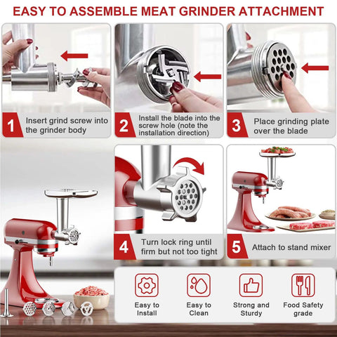 Illustrated guide for assembling Pro-Grade Meat Grinder And Slicer Shredder Attachments For Stand Mixers on a red mixer.