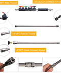 Pressure Washer Extension Wand Set, 15 Inch Stainless Steel Lance Kit With multiple nozzle tips and connectors; details of connectors shown