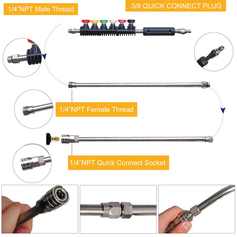 Pressure Washer Extension Wand Set, 15 Inch Stainless Steel Lance Kit With multiple nozzle tips and connectors; details of connectors shown