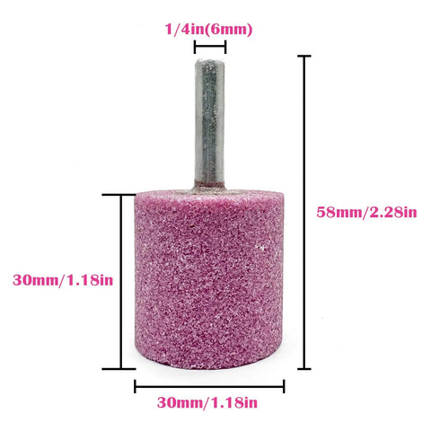 30mm Stone Rotary Grinding Bits Set With 1/4 Inch Shank, cylindrical corundum head for grinding and polishing tools, front view.
