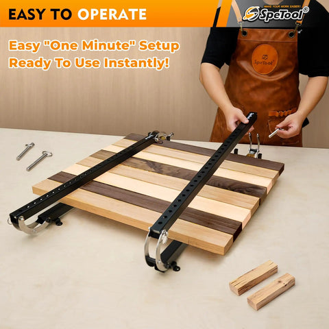 24 Inch Panel Clamps 2 Pack 4 Way Pressure Steel Parallel Clamps For Boards Cabinets Tabletops Woodworking With Adjustable Parallelogram Couplers Two Direction Clamping For Flat Panels And Flush Joints Beefy Pro Grade Clamping For Precision Cutting Boards, shown clamping a wood cutting board