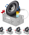 4 Pack 3 Inch Adjustable LED Gimbal Recessed Lighting With J Box Dimmable Canless Downlights 3000K 4000K 5000K Color Temperature 600 Lumens 8 Watt Equivalent to 50 Watt IC Damp Rated Black, showing black LED light with J box and color temp chart.