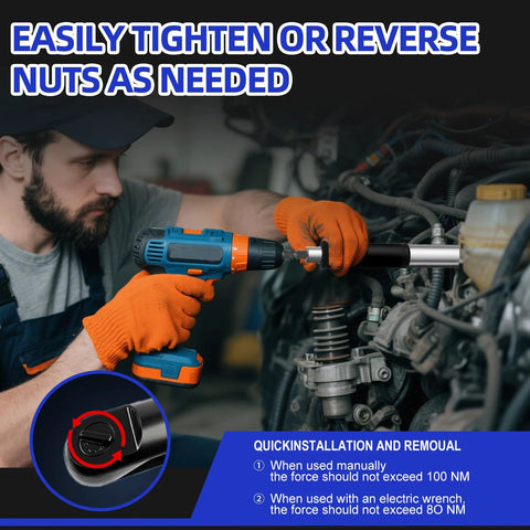 Mechanic using Half Inch Offset Extension Wrench Impact 3 In 1 Manual Electric Pneumatic Ratchet on engine with instruction overlay
