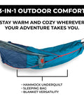 ThermaQuilt Hammock Underquilt 40F 3 In 1 Go-To System in blue, shown as underquilt on hammock with heat lock feature.