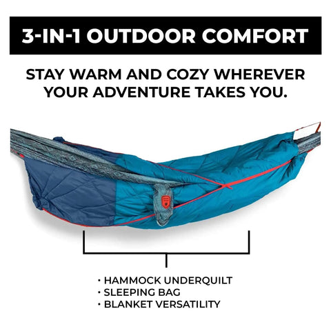 ThermaQuilt Hammock Underquilt 40F 3 In 1 Go-To System in blue, shown as underquilt on hammock with heat lock feature.