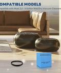 Heavy Duty Wet Dry Vacuum Filter Bags For Two And A Half To Five Gallon Shop Vacs Fits Stinger Workshop WS01025F Craftsman 9 38737 MultiFit VF2000 Select Two And A Half To Five Gallon Vacs Includes Eight Bags And Three Bands For Messy Shop Cleanup pack and ring displayed on living room floor.