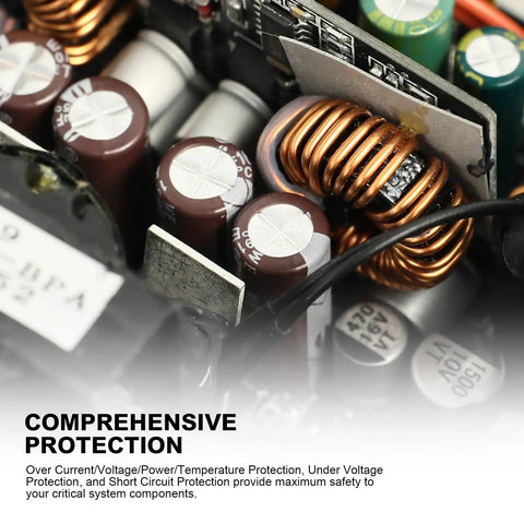 Internal components of the 650W 80 Plus Gold Certified Non Modular ATX Power Supply With 6 Plus 2 Pin Connectors PFC Protection And RoHS Compliance 120mm Silent Fan Gaming PSU GN650 Black.