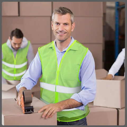 Man wearing 30 Pack Reflective Hi Viz Safety Vests For Men And Women, Mesh Adjustable Work Vests With Neon Green Strips in warehouse