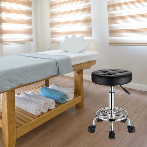 Round Rolling Stool With PU Leather Seat, Height Adjustable From 19.6 To 25.5 Inches, 360 Degree Swivel, Black, in salon setting