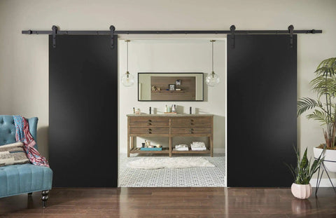 Double Barn Door Set 84x96 Inches With Hardware, Black Matte Finish, Interior Installation with Open Living Space
