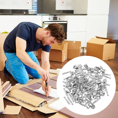 Man assembling furniture with Two In One 50 Pack 28mm Alloy Furniture Connectors Kit With Cam Lock Fittings And Pre Inserted Nuts And Bolts