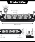Heavy Duty 150A 12V Bus Bar Power Distribution Block For Car, Boat, Marine, Featuring Tough As Nails Nylon Base, Stainless Stud Terminals, Nickel Plated Copper Plate, Heat Resistant And Corrosion Proof Electrical Hub. Product size diagram with 5 terminals