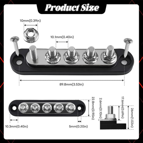Heavy Duty 150A 12V Bus Bar Power Distribution Block For Car, Boat, Marine, Featuring Tough As Nails Nylon Base, Stainless Stud Terminals, Nickel Plated Copper Plate, Heat Resistant And Corrosion Proof Electrical Hub. Product size diagram with 5 terminals