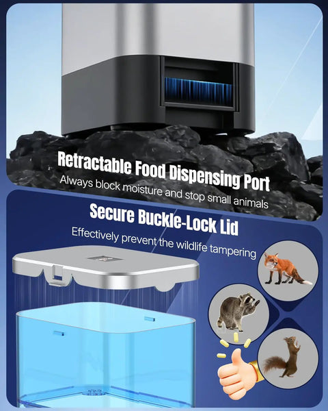 Top Shelf Automatic Pond Fish Feeder With Large Capacity And Adjustable Timer, moisture-proof dispensing port and secure lid