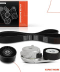 Serpentine Belt Drive Kit With Tensioner And Idler Pulley For Ram 1500 2500 3500 4500 5500 With 5 7L V8 Or 6 4L V8 Includes All In One Serpentine Kit Durable Replacement Kit For Easy Install And Long Lasting Performance displayed with components and packaging