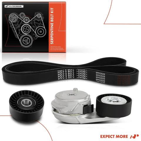 Serpentine Belt Drive Kit With Tensioner And Idler Pulley For Ram 1500 2500 3500 4500 5500 With 5 7L V8 Or 6 4L V8 Includes All In One Serpentine Kit Durable Replacement Kit For Easy Install And Long Lasting Performance displayed with components and packaging