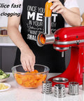 Person using Stainless Steel Slicer Shredder Attachment for KitchenAid Mixers Cheese Grater and Food Slicer Accessory Durable 6.9 by 5.4 Inch Size.