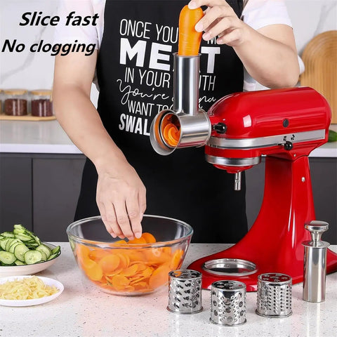 Person using Stainless Steel Slicer Shredder Attachment for KitchenAid Mixers Cheese Grater and Food Slicer Accessory Durable 6.9 by 5.4 Inch Size.