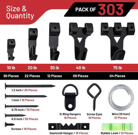 Complete 303 Piece Picture Hanging Hardware Kit With Heavy Duty Wall Hooks Drywall Anchors And Screw Assortment for various weights and sizes.