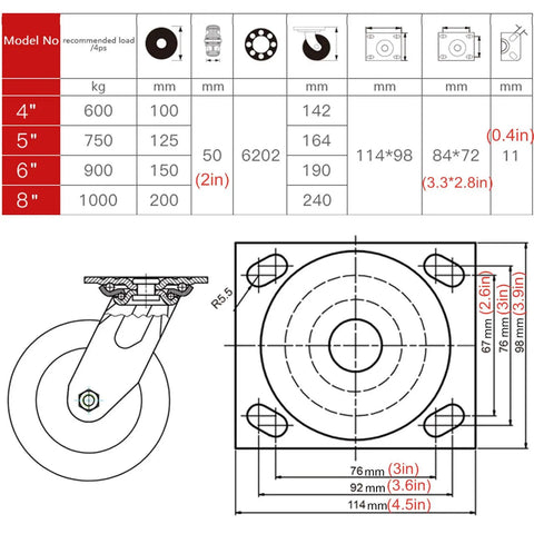 Heavy Duty Swivel Caster Wheels With Locking Brakes Silent Rubber Furniture Casters dimensions and load ratings chart and design specifications.