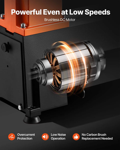 Close-up of brushless DC motor on benchtop wood lathe with 1 HP motor, variable speed 150 to 3800 RPM, cast iron frame.