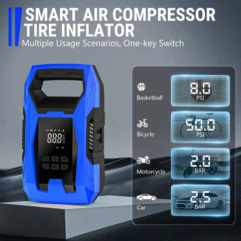 No Drama Portable Tire Inflator Air Compressor With Smart Pressure Gauge And Automatic Shutoff for bikes, cars, and sports gear