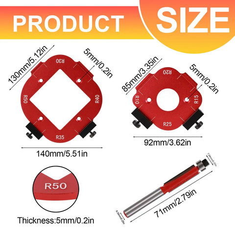 Built Tough Router Template And Jig For Woodworking Pro Grade Aluminum Corner Radius Guide Kit sizes and details with measurements shown.