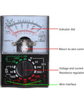 Close-up of Multipurpose Analog and Digital Multimeter Handheld Power Meter Voltage Tester with labeled controls.