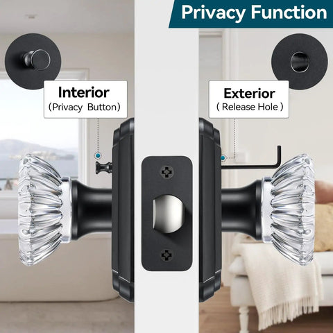 Vintage Black Crystal Glass Door Knobs With Lock For Privacy Interior Bedroom Bathroom Door Hardware Matte Black Finish Diamond Sunflower Design Heavy Duty Zinc Alloy Plates Classic Retro Look side view