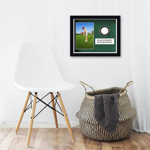 Premium Golf Ball Display Cabinet With Glass Door And 4x6 Photo Frame on wall, black solid wood, ideal for collectors.