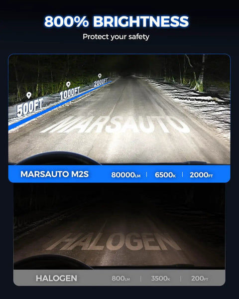 Comparison of Beast Mode Bright 9005 9006 LED Bulbs Kit, 80,000LM 32 Chips vs halogen lights on road brightness