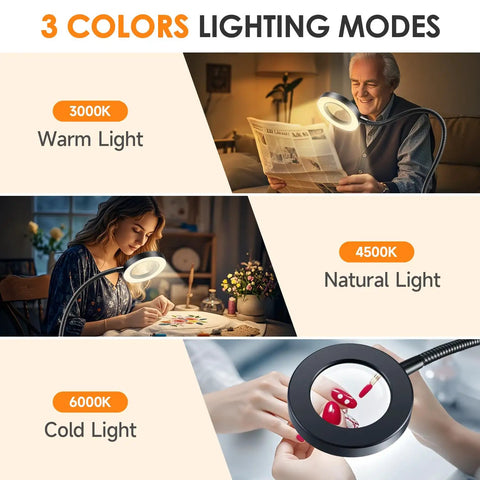 Lighted Magnifying Glass With Clip-On Desk Lamp Adjustable 3 Color Modes And 10 Brightness Levels 1000 Lumen Hands-Free Magnifier demonstrating lighting modes for reading, crafting, and jewelry making.