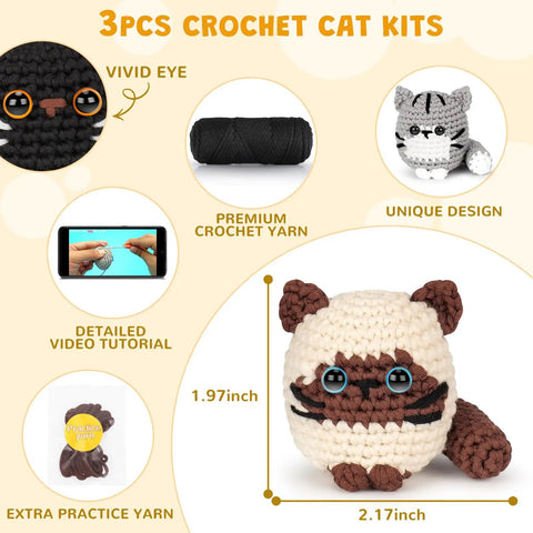 Beginner Crochet Kit for Adults With Amigurumi Projects and Step By Step Video Tutorials, Crochet Cat Kit Display
