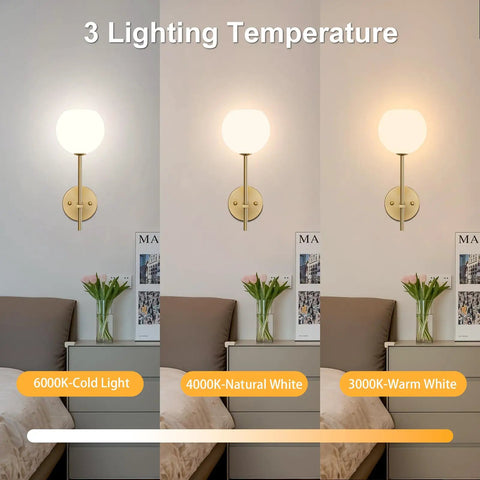 Gold Wireless Wall Sconces Set Of Two With Rechargeable Battery And Remote features three color temperatures in a cozy bedroom setting.