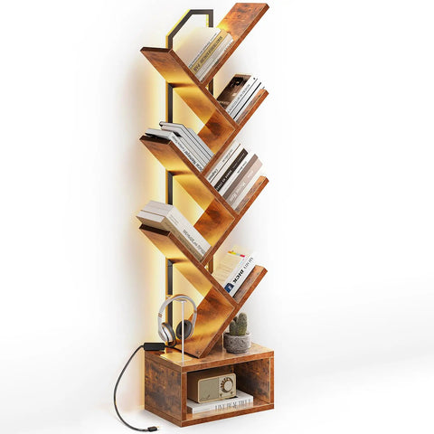 Tree Bookshelf With LED Lights, 6-Tier Narrow Bookcase For Small Spaces, Tall Steel And Wood Storage Shelf With Cabinet