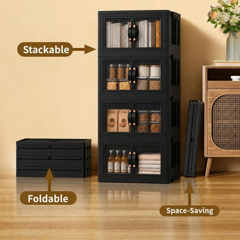 Heavy Duty Fold Flat Storage Bins With Slick Dual Front Door Access And Secure Lids Built Different Stackable Plastic Organizer Totes For Your Garage Office Pantry Or Home Gear Setup 4 Pack Black Nine Gallon Capacity Each, stacked in a home setting.