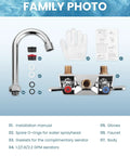 Top Shelf Four Inch Center Wall Mount Sink Faucet With Slick Chrome Plating And Hella Tough Dual Levers showing installation parts and accessories.