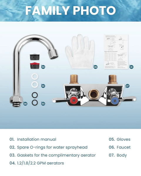 Top Shelf Four Inch Center Wall Mount Sink Faucet With Slick Chrome Plating And Hella Tough Dual Levers showing installation parts and accessories.