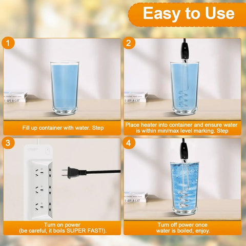 Portable Immersion Water Heater 1000W 110V Submersible Heating Coil For Heating Water In Jugs Buckets And Flasks On The Go Safe Easy To Use For Home Kitchen Camping And Office shown in use with power outlet and glass.