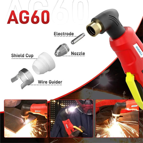 Top Grade 50 Pcs Ag60 Plasma Cutter Consumables Kit showing components like electrode, nozzle, and shield cup for cutting tasks.