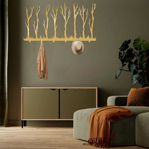 Rustic Winter Tree Grove Metal Wall Hooks, Minimalist Branch Design coat rack with hat and scarf in stylish entryway decor.