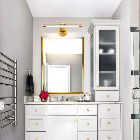 Dimmable Brass Vanity Light Over Mirror 16 Inch Plug In Rotatable Wall Sconce in modern farmhouse bathroom setting