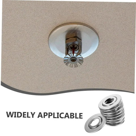 Twenty Pack Heavy Duty Stainless Steel Double Disc Escutcheon Plates For Fire Sprinkler Heads installed on a ceiling.