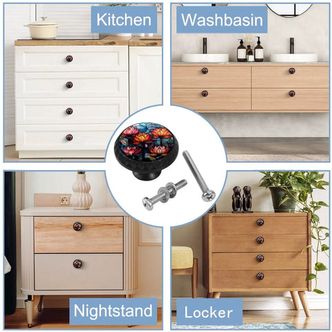 Hella Smooth Retro Lotus Cabinet Knobs Featuring Sweet Stained Glass Accents And Super Rust Resistant Metal Hardware For Bedroom Dressers Kitchen Cupboards 4 Pack displayed on various cabinets.