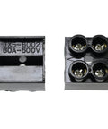 Two Pack 500V 60A Screw Terminal Block, 2 Position Dual Row Barrier Strip, top and side view, black ABS insulation, brass connectors