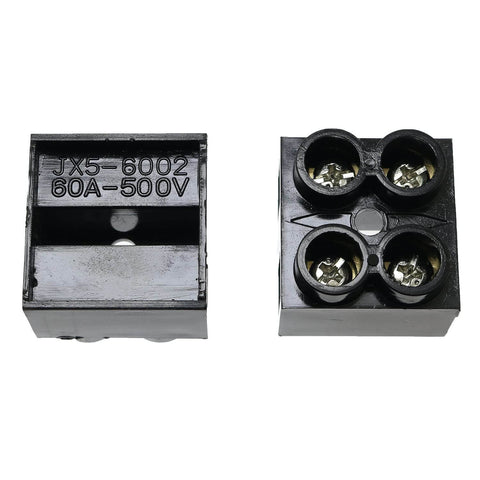 Two Pack 500V 60A Screw Terminal Block, 2 Position Dual Row Barrier Strip, top and side view, black ABS insulation, brass connectors