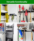 Heavy Duty Garage Tool Organizer With 48 Inch Rails And Six Double Layer Hooks, Wall Mount Storage Rack installed with tools.